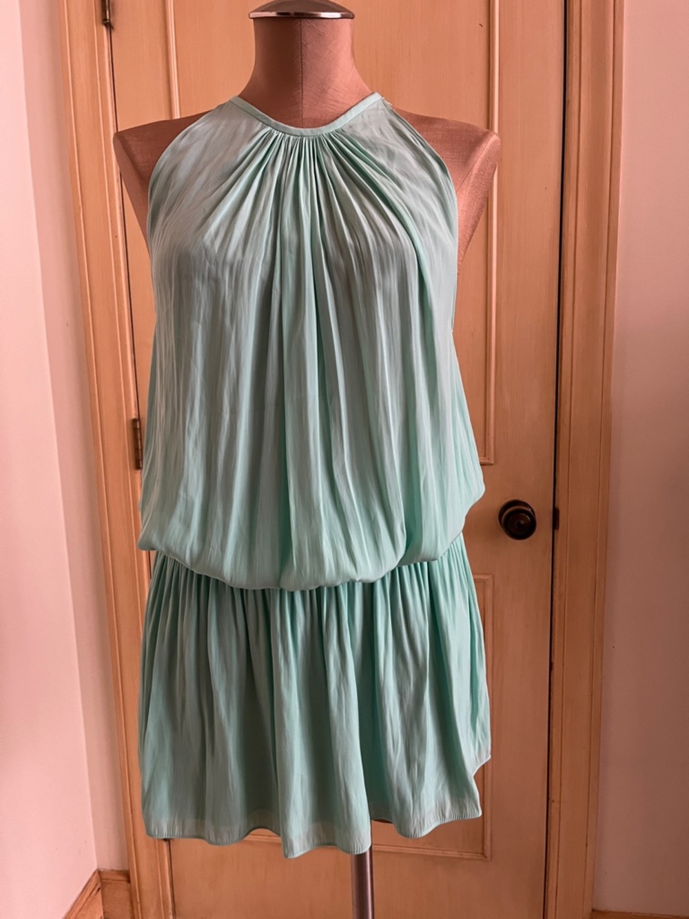 RAMY BROOK Paris Resort Party Crepe Smock Waist Pleated Halter Mint Mini Dress M